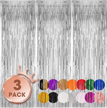 Voircoloria Silver Foil Fringe Backdrop Curtains, 3 Pack | Tinsel Streamers by Voircoloria