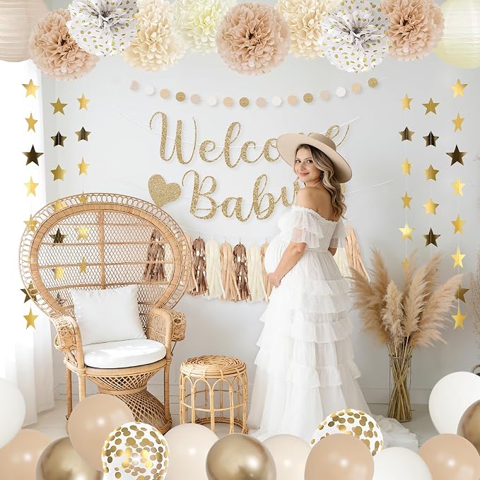 Amandir Neutral Baby Shower Decorations Welcome Baby Banner | Beige Balloons - Image 6