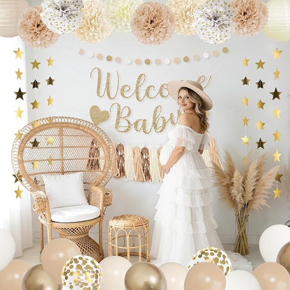 Amandir Neutral Baby Shower Decorations Welcome Baby Banner | Beige Balloons - Image 6