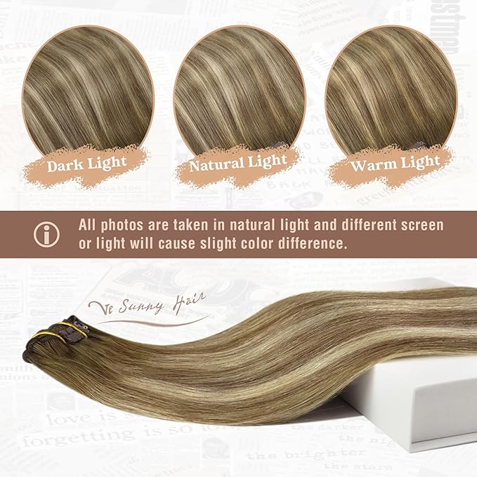 Ve Sunny Clip in Hair Extensions Real Human Hair Balayage Brown with Blonde Clip in Extensions for Women Real Hair Extensions Clip in Human Hair 14inch 100g