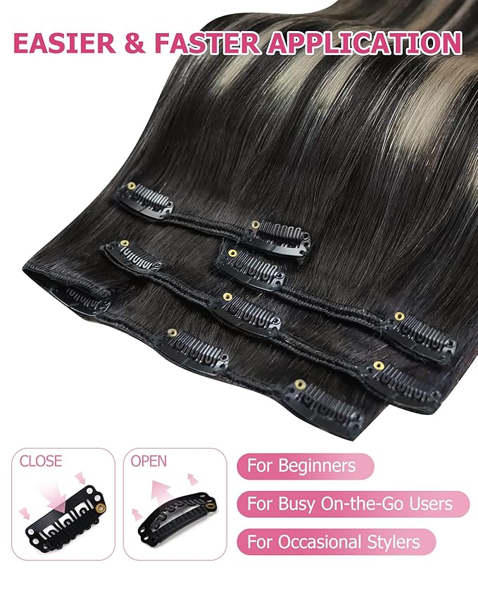 YoungSee Clip in Hair Extensions Black Ombre Hair Extensions Clip ins Balayage Black with Silver Clip in Hair Extension Human Hair Easy to Wear 16Inch 120G 7Pcs