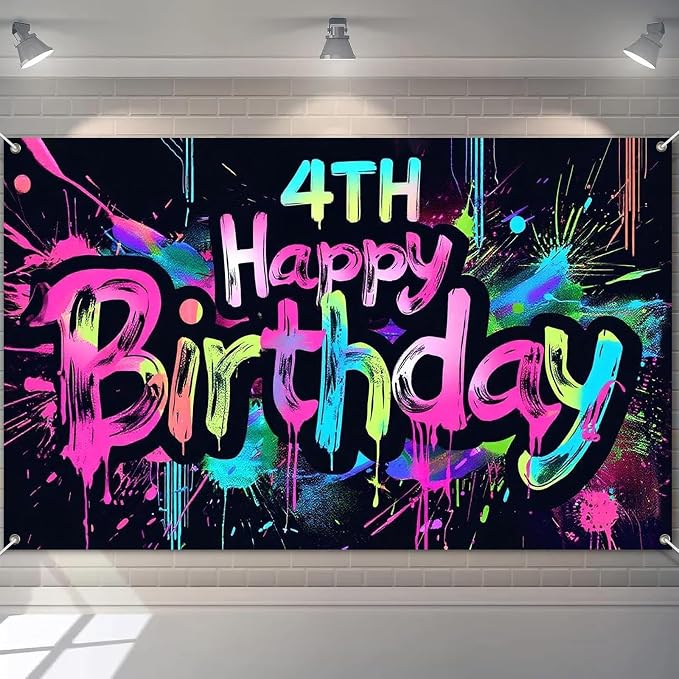 HOMETITUTE Neon 4th Birthday Party Banner 71x43 Inch Paint Splatter Walls Decor by HOMETITUTE