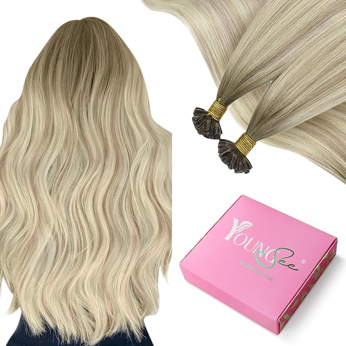 YoungSee U Tip Hair Extensions Human Hair Balayage Ash Blonde with Platinum Blonde Hair Extensions Utips Human Hair Blonde 22In 1G/S 50G