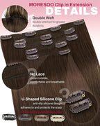 Moresoo Clip in Hair Extensions Remy Double Weft Human Hair Clip in Extensions Straight Hair Extensions for Women Medium Brown #4 5pcs 80g 10inch
