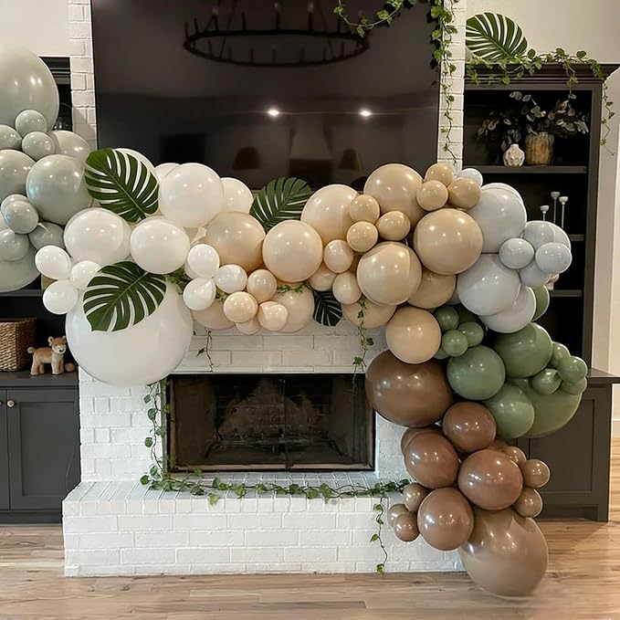 Woodland Balloons, 12 Inch Sage Green Brown and Sand White Balloon Double - Image 6