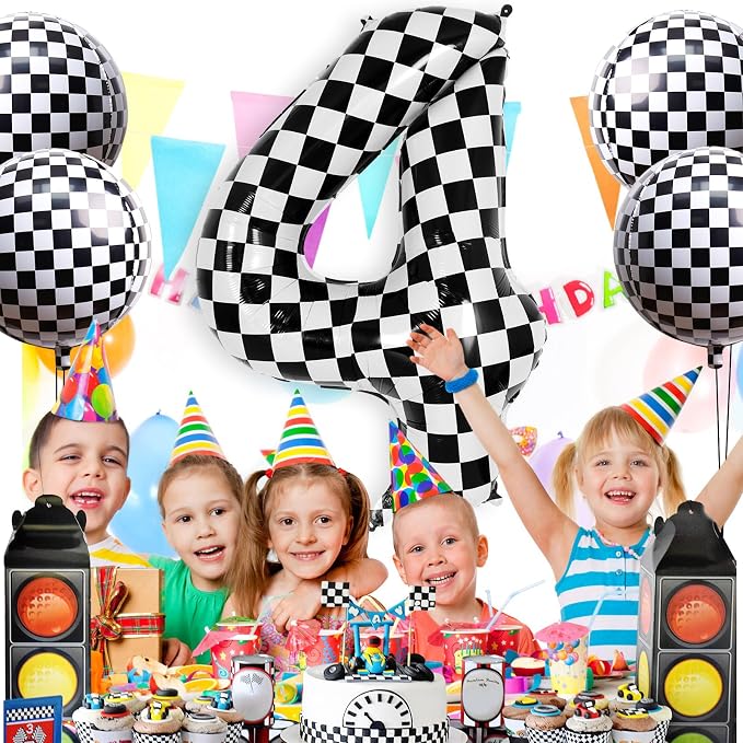 Checkered Number 4 Balloon 40 Inch, Large Foil Black and White Number Balloons - Image 4