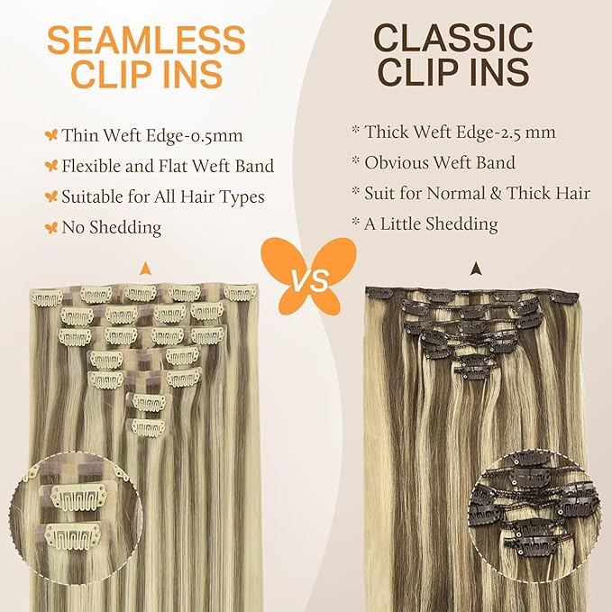 DOORES Seamless Clip in Hair Extensions, Light Brown Highlighted Medium Blonde 7pcs 120g 24 Inch, Human Hair Extensions Natural Remy Hair Extensions Straight Hair Invisi Edge Hair Extensions