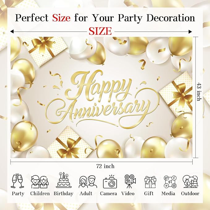 Happy Anniversary Backdrop Banner White Gold Elegant Photography Background - Image 6