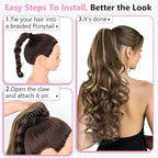 ALXNAN Ponytail Extension,24 Inch Claw Clip in Long Curly Wavy Chocolate Brown with Highlights Ponytail Hair Extension Jaw Clip on Pony Tails Hairpiece for Women