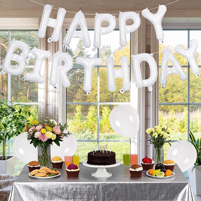 65 Pcs White Happy Birthday Balloons, 2 Sets A-Z White Letters Foil Balloons - Image 3