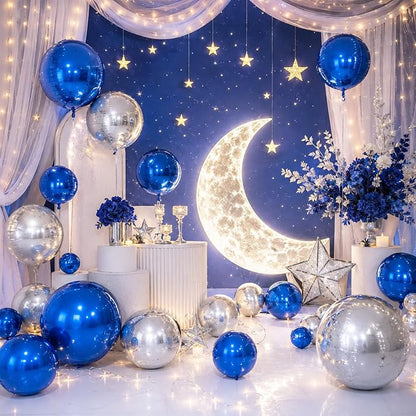 15 Pcs Navy Blue and Silver Round Foil Balloons, 22/15/10 Inch 4D Ball Balloons - Image 4