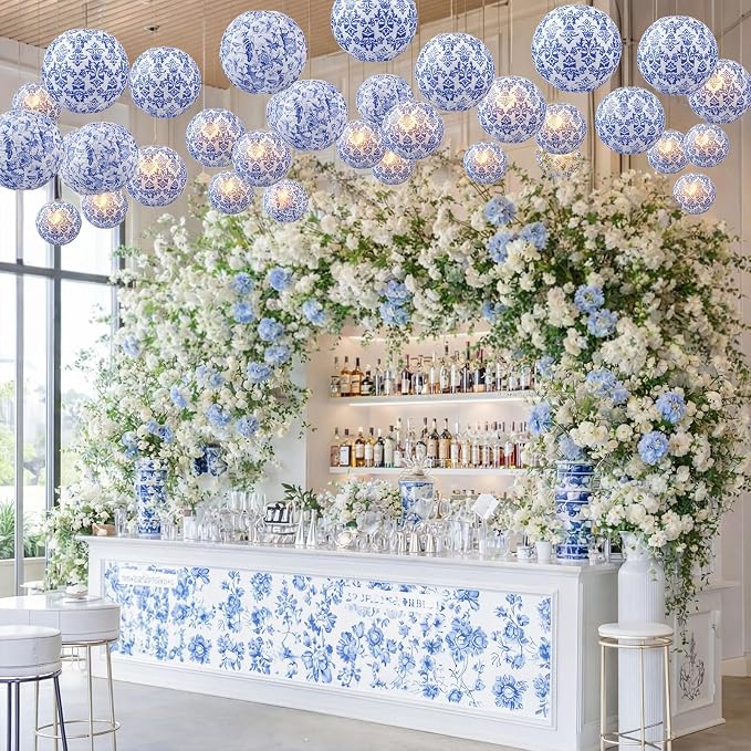 12 Pcs Chinoiserie Party Decor Blue White Porcelain Paper Lantern | 10" - Image 7
