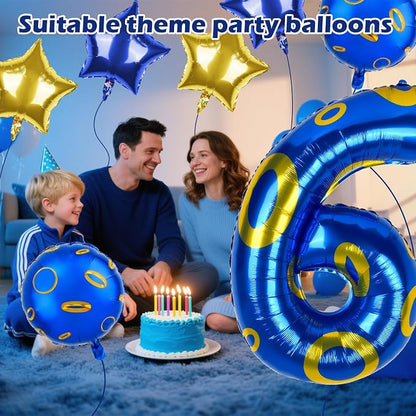 40 Inch Blue and Golden Ring Themed Number Balloon, Number Block Foil Number 6 - Image 3