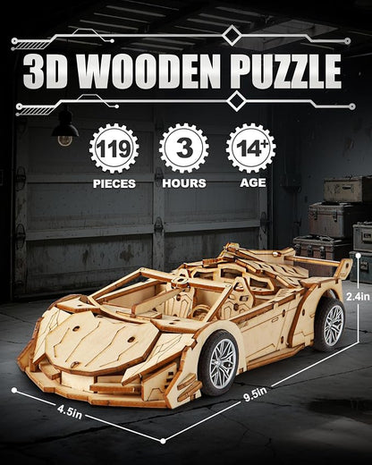 3D Wooden Puzzles for Adults Roadster, Mechanical Wood Sport Car Model Kits for - Image 2