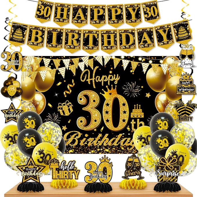 Mxdfafa 39Pcs Black Gold Glitter 30th Birthday Decorations Kit, 30th Bday Party by Mxdfafa