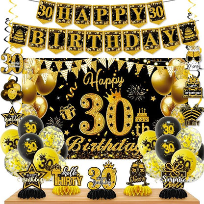 Mxdfafa 39Pcs Black Gold Glitter 30th Birthday Decorations Kit, 30th Bday Party by Mxdfafa