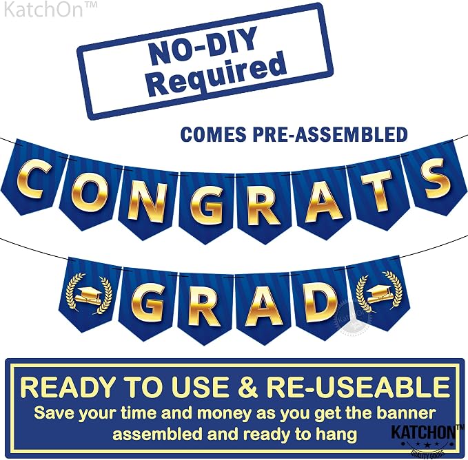 KatchOn Blue and Gold Congrats Grad Banner 10 Feet, Grad Party Decorations | No - Image 3