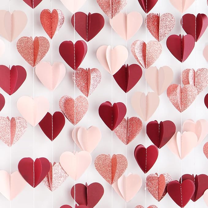 Rose-Gold Pink Burgundy-Red 3D-Heart Garland - 39Ft Galentines Valentines Day by OURUOLA