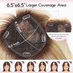 EMMOR Human Hair Toppers for Women Short Bob Real Hair with Bangs 10" Side Part Hairpieces for Women with Thin Hair 6.5" × 6.5" Larger Base Human Wig Toppers(Ombre Blonde & Brown Highlight)
