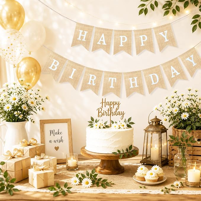 Uniwish Happy Birthday Burlap Banner Neutral Birthday Party Decorations | - Image 4