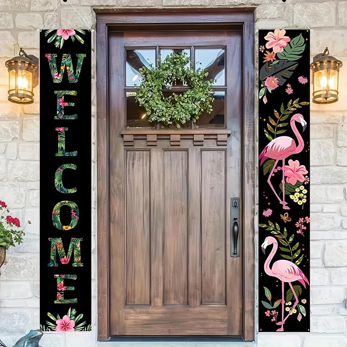 BlissYard 2pcs Black Pink Summer Door Banner Hawaiian Flamingo Porch Banners - Image 5