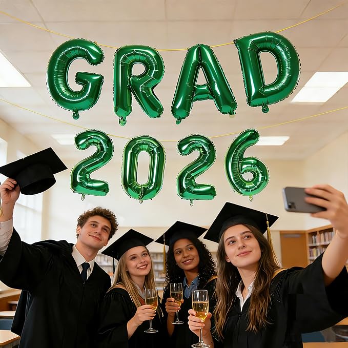 Green GRAD 2026 Banner Balloons, 16 Inch Mylar Foil letter Graduation Balloons - Image 4