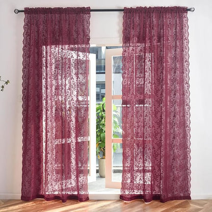 FINECITY Burgundy Lace Curtains Rustic Leaf Floral 52 x 84 Inch, 2 Panels | Rod - Image 2