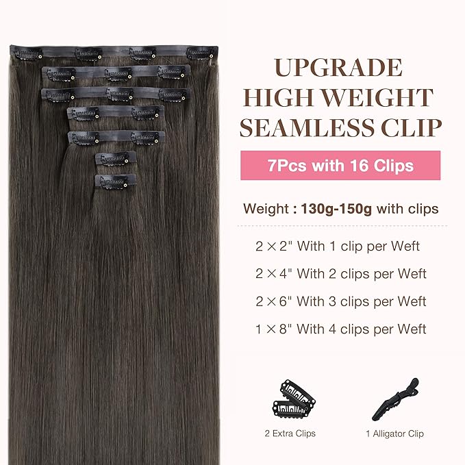GOO GOO Clip in Hair Extensions Real Human Hair, Remy Human Hair Extensions Clip ins for Women, Natural Human Hair, 22inch 150g 7Pcs, 1C Mocha Brown