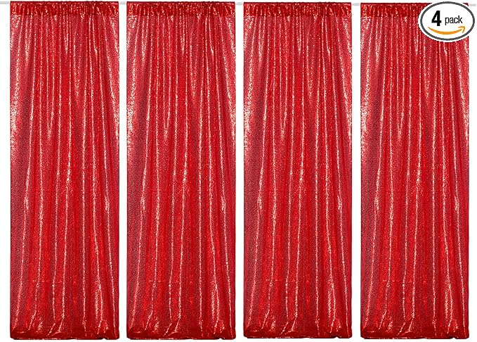 Poise3EHome Red Sequin Backdrop Curtains, 4 Panels 2FTx8FT Glitter Background by Poise3EHome