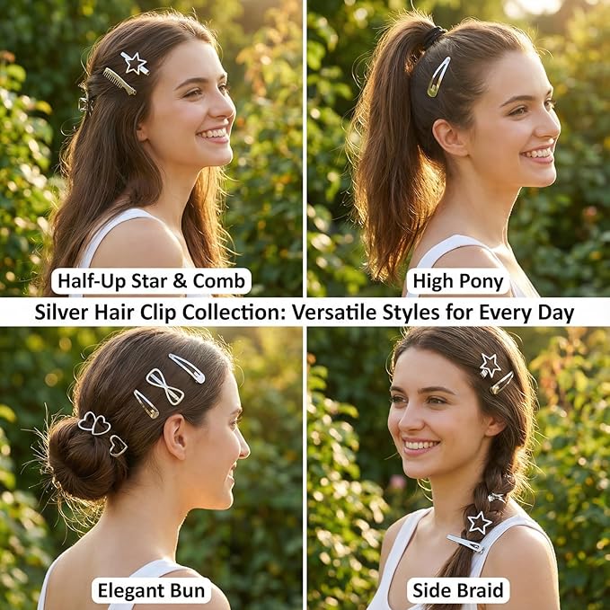 Silver Hair Clips Set for Women Styling 50pcs Bulk Barrettes Snap Hair Clips Ties Duck Bill Clip Metal Alligator No Crease Clip Bows Y2K Cute Bangs Hairclips Accessories (Silver)