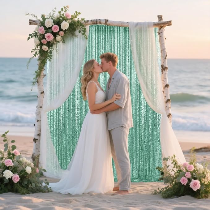 2×8FT-6PCS Mint Green Sequin Backdrop Curtains Panels, Photography Backdrop - Image 4