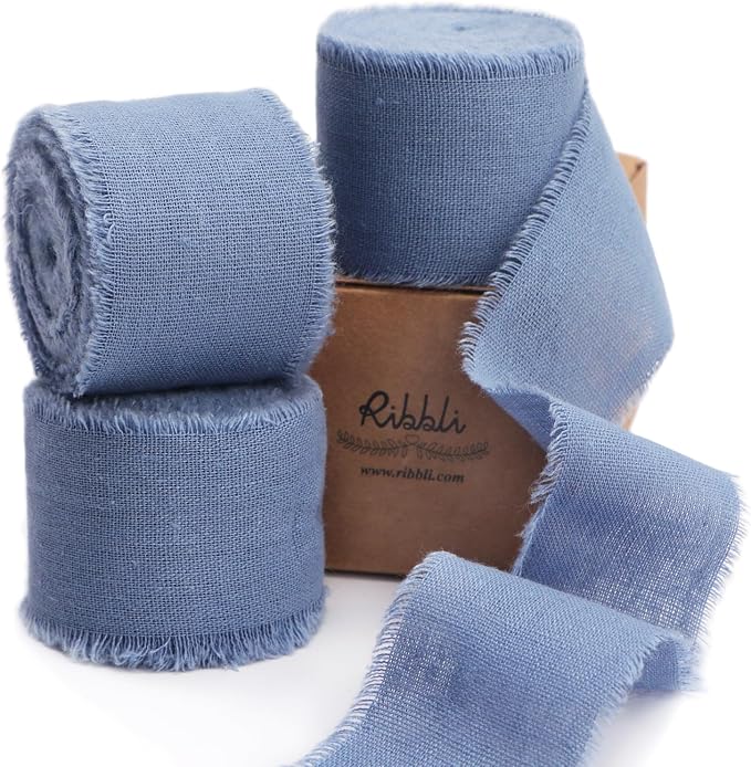 Ribbli 3 Rolls Dusty Blue Ribbon 1.5 Inch x 18Yards Handmade Cotton Frayed by Ribbli