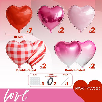 PartyWoo Pink Red Hot Red Pink Mylar Heart Foil 15pcs Balloons 18 Inch | - Image 6