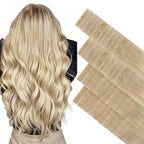 GOO GOO Invisi Edge Tape in Hair Extensions Human Hair, 18ET90A Natural Blonde Balayage 20pcs injected with 20pcs classical tape ins, 22inch 100g, Virgin Remy Hair, Natural Look