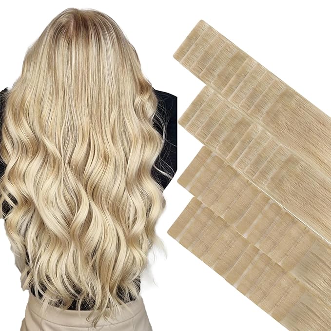 GOO GOO Invisi Edge Tape in Hair Extensions Human Hair, 18ET90A Natural Blonde Balayage 20pcs injected with 20pcs classical tape ins, 20inch 100g, Virgin Remy Hair, Natural Look