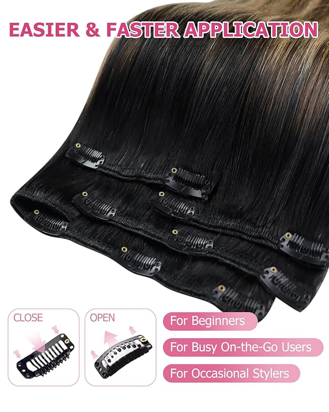 YoungSee Clip in Human Hair Extensions Ombre Clip in Hair Extensions Human Hair Black Ombre Dark Brown Mix Blonde Balayage Hair Extension Clip ins Straight Remy Hair 120G 7Pcs 16In
