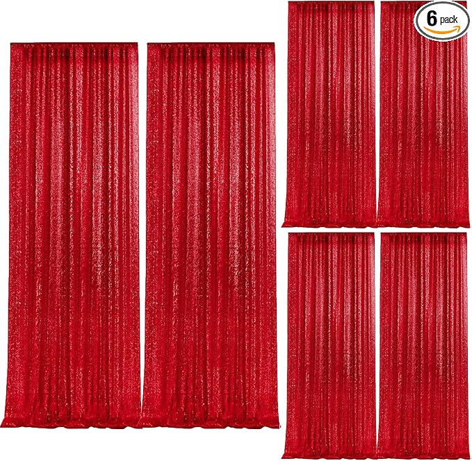 2×8FT-6PCS Red Sequin Backdrop Curtains Panels, Photography Backdrop Glitter by Pufogu