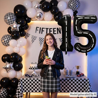 Black and White Stripes Number 15 Balloon 40 Inch, Foil Road Decor | Racetrack - Image 6