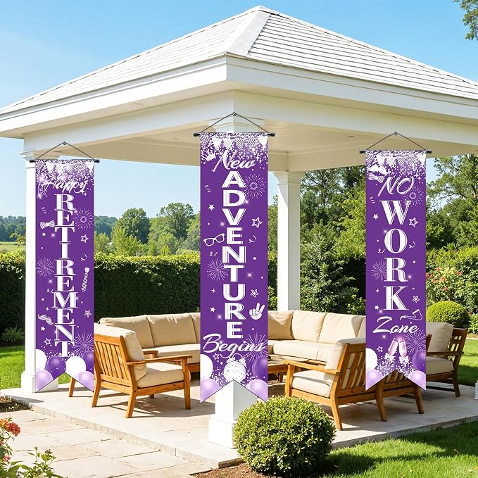 3Pcs Retirement Porch Sign Banner Purple Silver Happy Retirement Door Hanging - Image 6