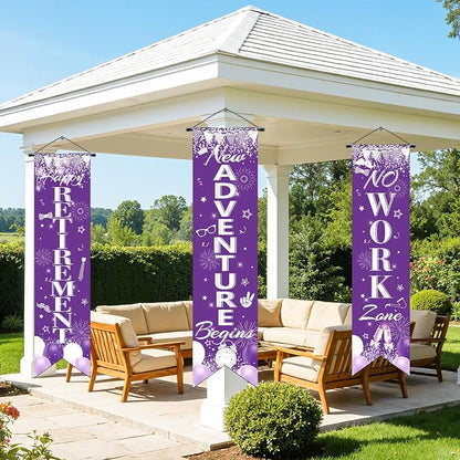 3Pcs Retirement Porch Sign Banner Purple Silver Happy Retirement Door Hanging - Image 6