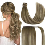 Ve Sunny Ponytail Extension Human Hair for Women Clip in Ponytail Hair Extension Straight Hair Pieces Wrap Around Around Darker Brown Fading To Ash Brown Mix Light Blonde Balayage 22inch 80G