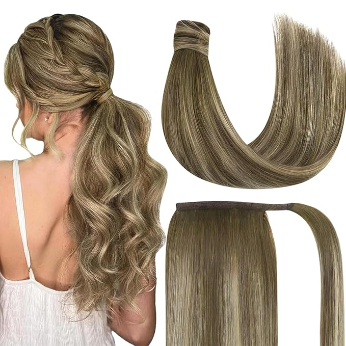 Ve Sunny Hair Extensions Ponytail Real Human Hair Wrap Around Clip in Ponytail Hair Extensions Straight Extensions Human Hair for Women Walnut Brown Ombre Light Brown Balayage Blonde 16inch 80G