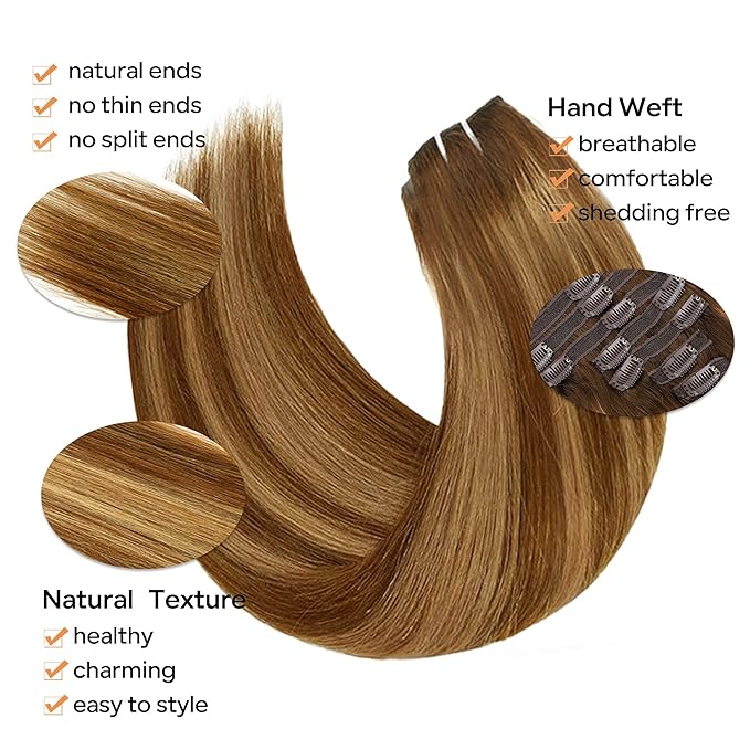 Straight Clip In Hair Extensions Real Human Hair 8Pcs Clip In Balayage Chocolate Brown to Caramel Blonde Human Hair Extensions with 18Clips Lace Weft 120g 22inch