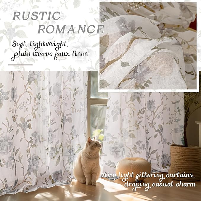 Floral Sheer Curtains for Bedroom Window 63 Inch Length 2 Panels, Farmhouse - Image 4