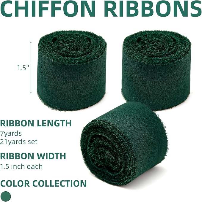 KEOSREE 3 Rolls Dark Green Handmade Chiffon Ribbon, 1.5" x21Yd | Frayed Fringe - Image 2