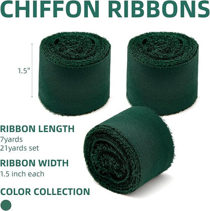KEOSREE 3 Rolls Dark Green Handmade Chiffon Ribbon, 1.5" x21Yd | Frayed Fringe - Image 2