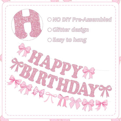 Glitter Pink Bow Happy Birthday Banner Pre-Strung Coquette Birthday Decorations - Image 3