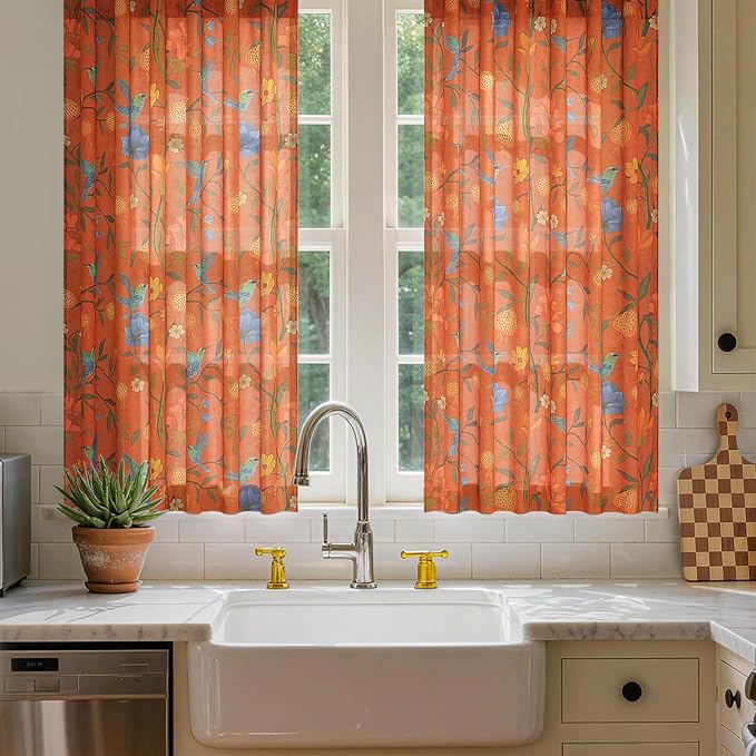 54 Inch Boho Floral Curtains Tropical Bird Print Linen Semi Sheer Window Drapes - Image 7