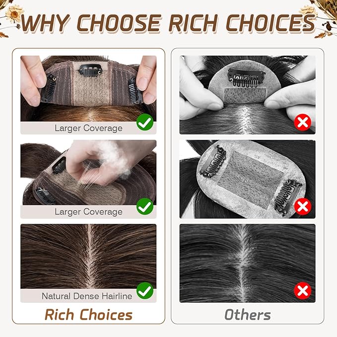 Rich Choices Real Human Hair Toppers for Women With Bang 100% Remy Human Hair Topper for Thinning Hair Clip in Silk Base Hair Topper 12 Inch #2 Dark Brown
