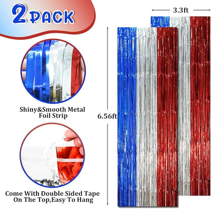 Voircoloria Blue Red Silver Foil Fringe Backdrop Curtains, 2 Pack | Tinsel - Image 2